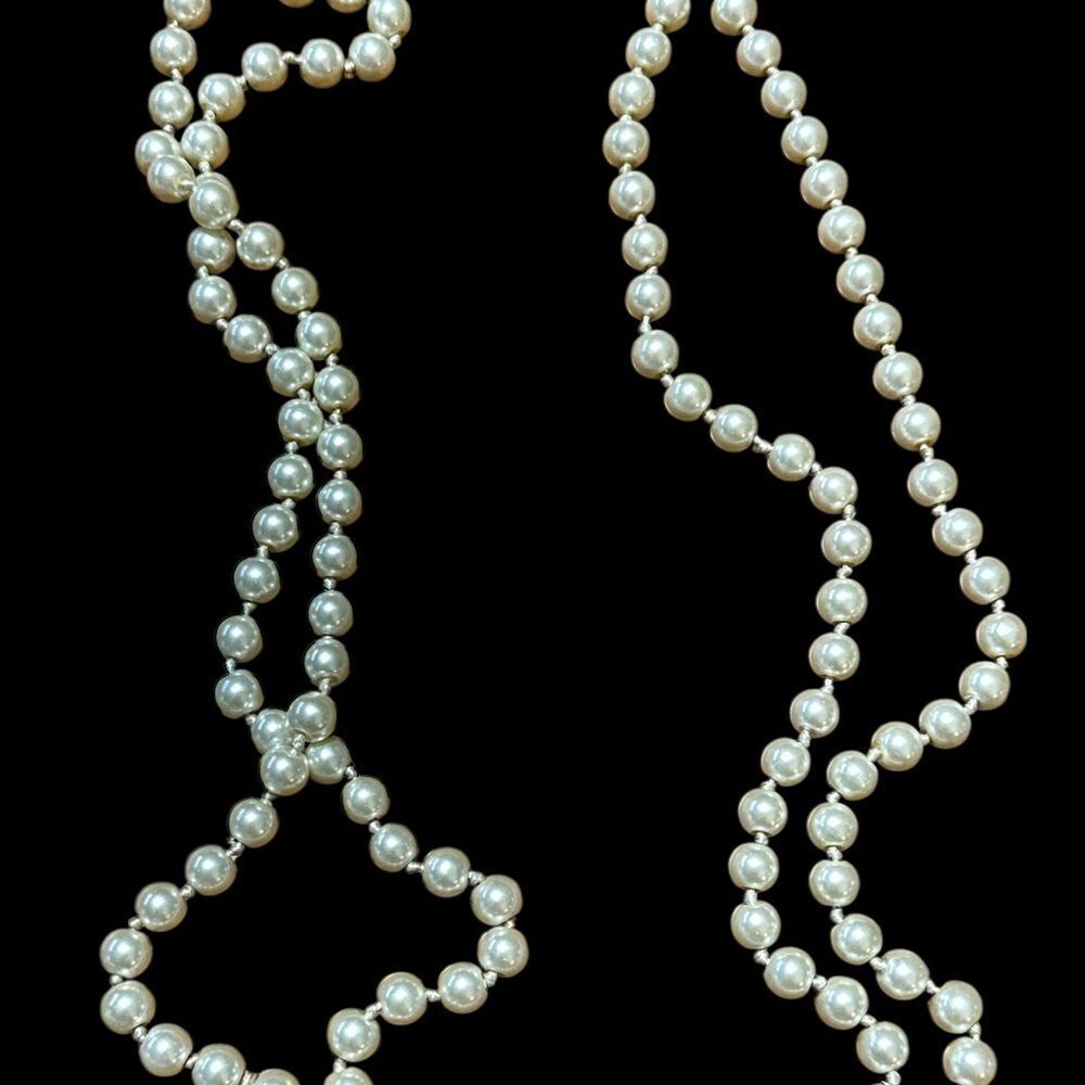 Elegant Faux Glass Silk Strung Pearl Necklace Flapper Length 60”